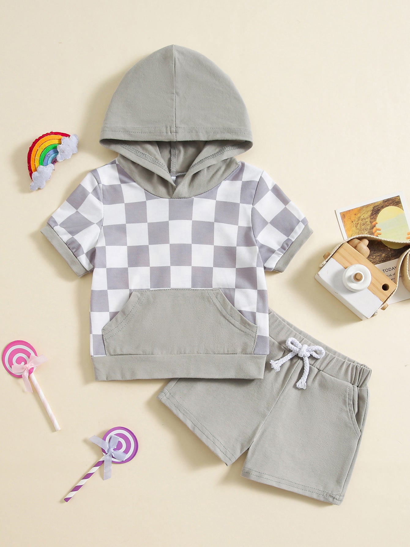 Girls' Plaid Colorblock T-shirt Hooded Shorts Two-piece Set
