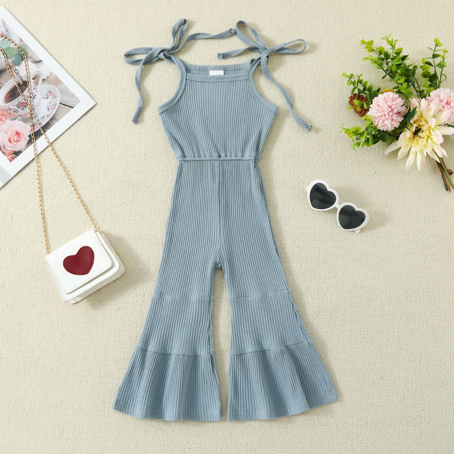 Solid Color Bell-bottom Pants Jumpsuit With Suspenders