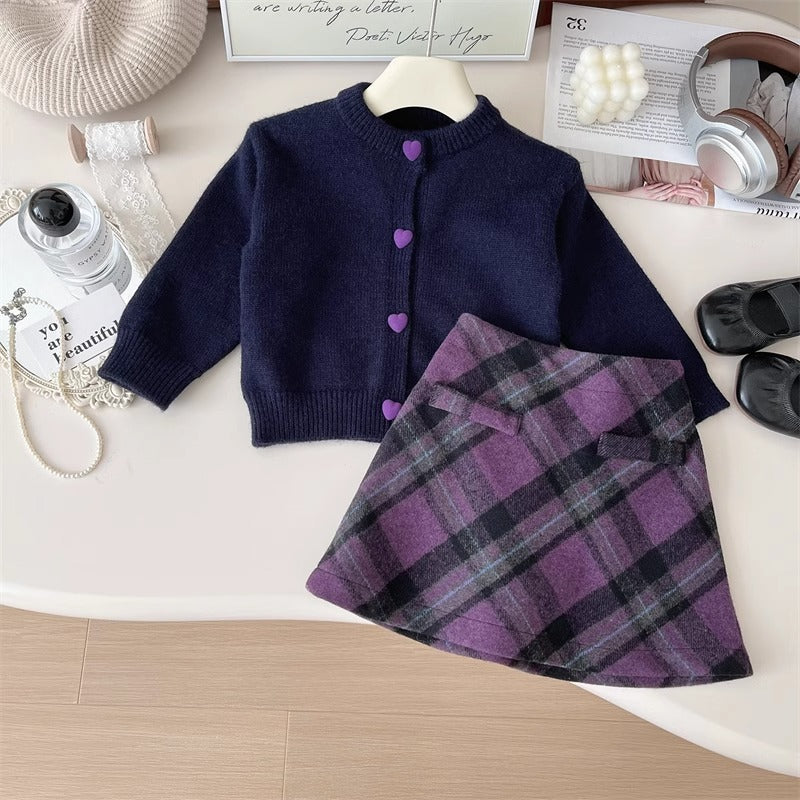 Autumn New Fashion Button Sweater Tartan Skirt Two-piece Suit