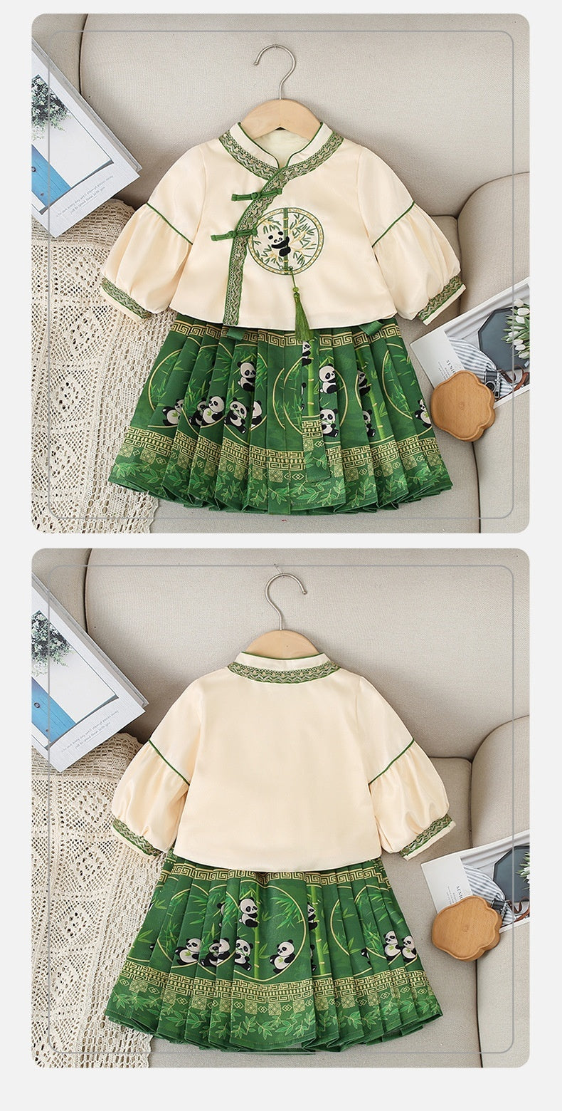 Girls Dress Fashion National Style Children's Two-piece Suit Horse-face Skirt