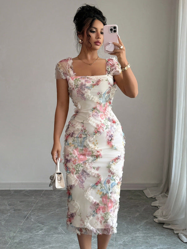 Elegant And Romantic Mesh Floral Print Pleated Midi Dress