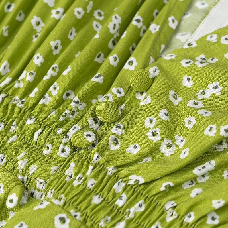 Fashion V-neck Puff Sleeve Green Tie-waist Dress For Women