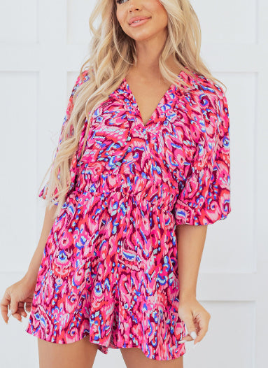 Abstract Print Puff Sleeve V Neck High Waist Romper