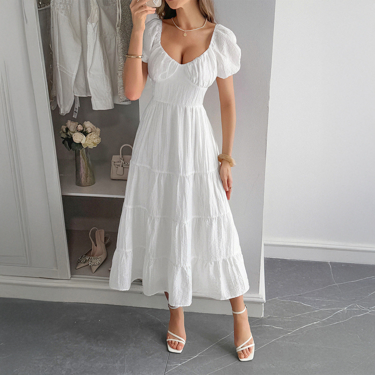 Casual Vacation Style Puff Sleeve Maxi Dress
