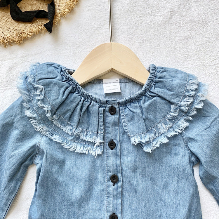 Girl's denim skirt with lotus collar