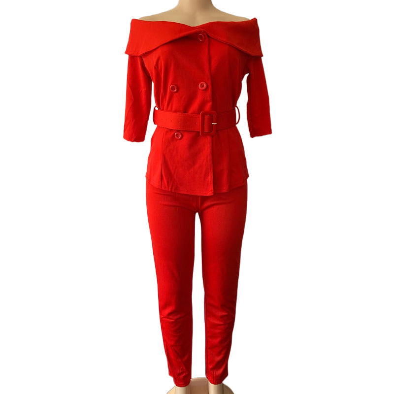 A One-shouldered Cardigan Blouse And Slacks Suit