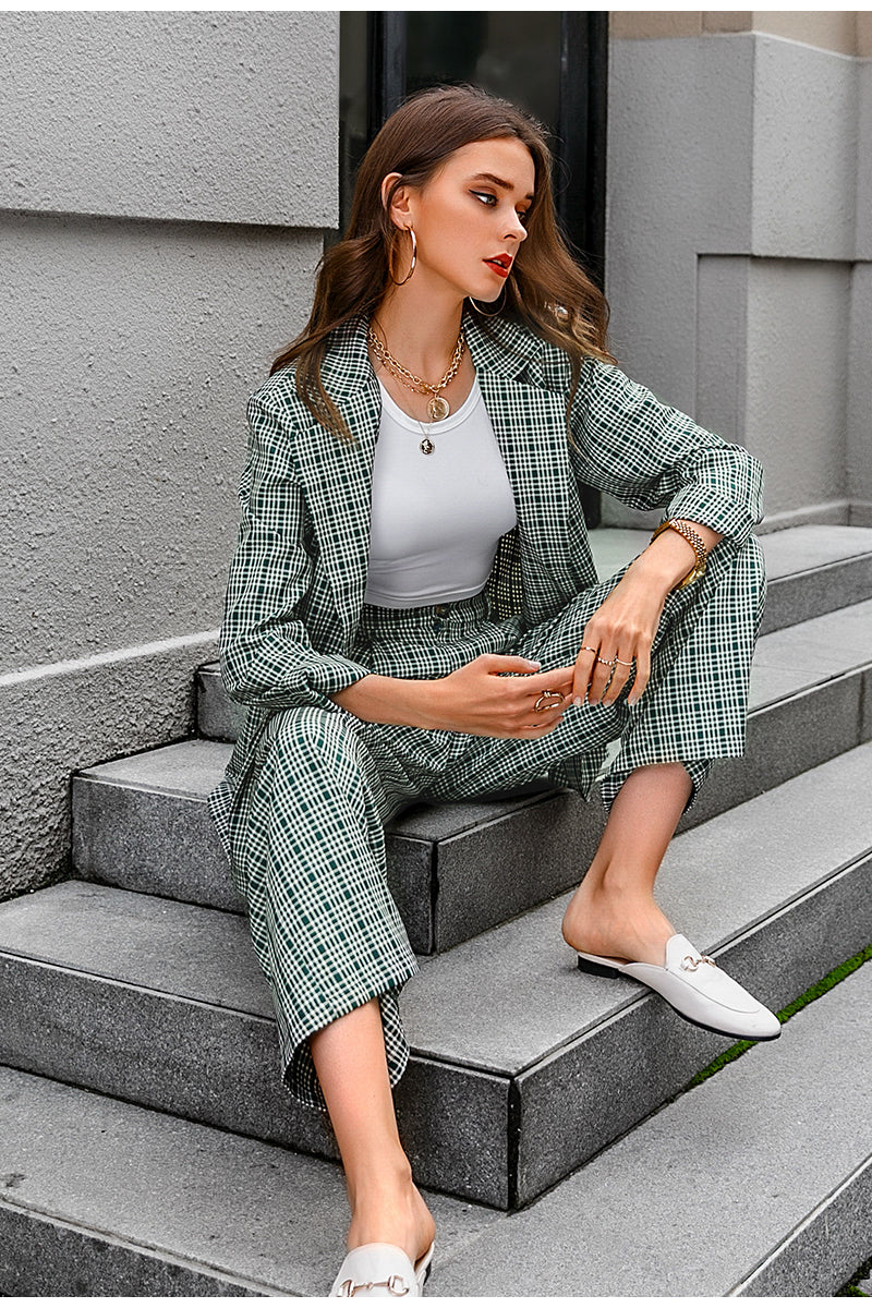 Autumn And Winter Fashion Women'S Casual Commuter Plaid Elegant Temperament Professional Style Street Two-Piece Suit Green