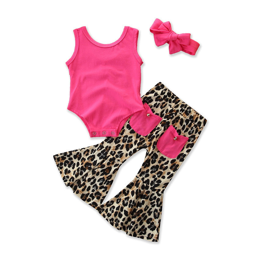 Foreign Trade Children'S Clothing Summer Girls Foreign Style Suit Bright Color Vest Romper And Leopard Flared Pants