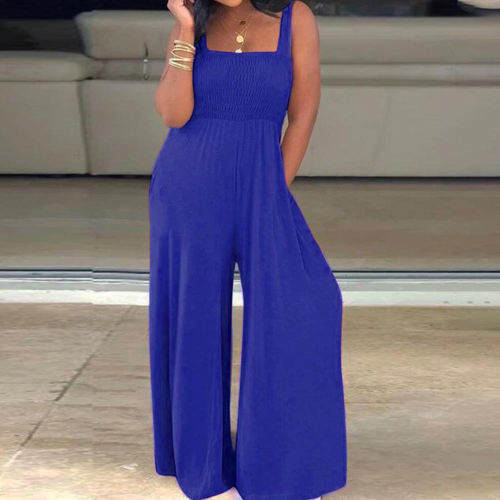 Solid Color Square Collar Loose Sleeveless Wide-leg Jumpsuit