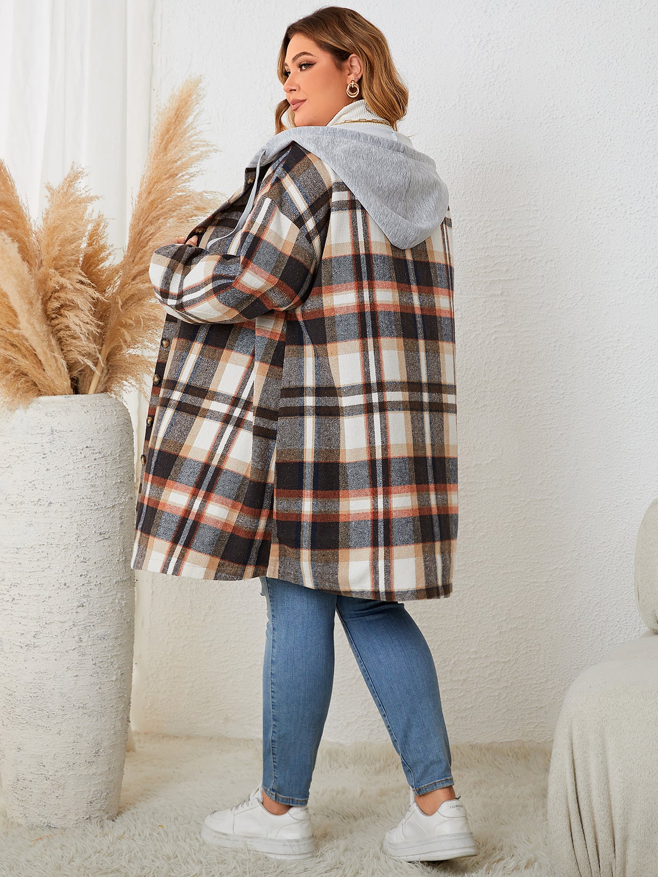 Autumn And Winter New Women's Clothing Plus-sized Plaid Hooded Mid-length Coat