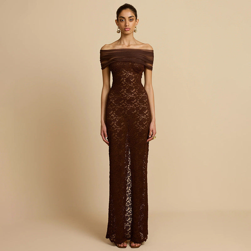 Women's Off-shoulder See-through Sexy Lace Split Slim-fit Sheath Dress