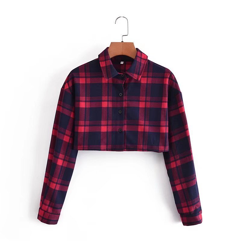 Autumn And Winter Plaid Lapel Long-sleeved Single-breasted Short Plaid Shirt
