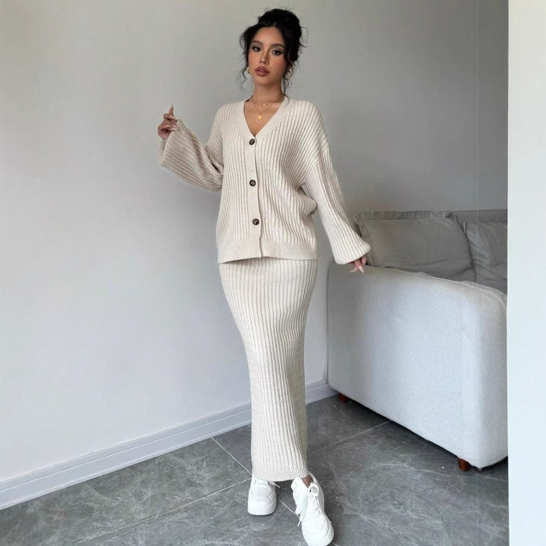 2-piece Set Women's Solid Color Casual Long Sleeves Sweater And Skirt