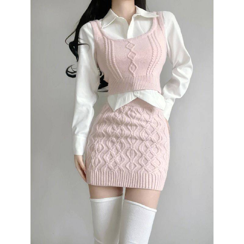 Niche Bandage Dress Sweater Vest Hot Girl Hip Skirt Autumn Suit Women