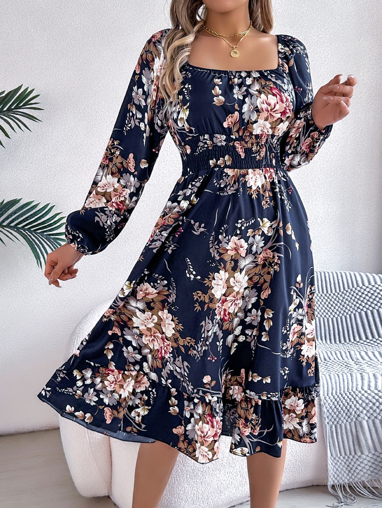 Elegant Flowers Square Collar Long Sleeve Waist Trimming Ruffles A- Line Skirt