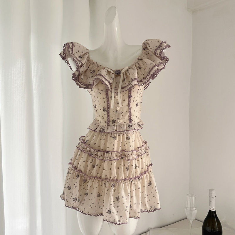 Purple Floral Women's Top Skirt Two-piece Suit