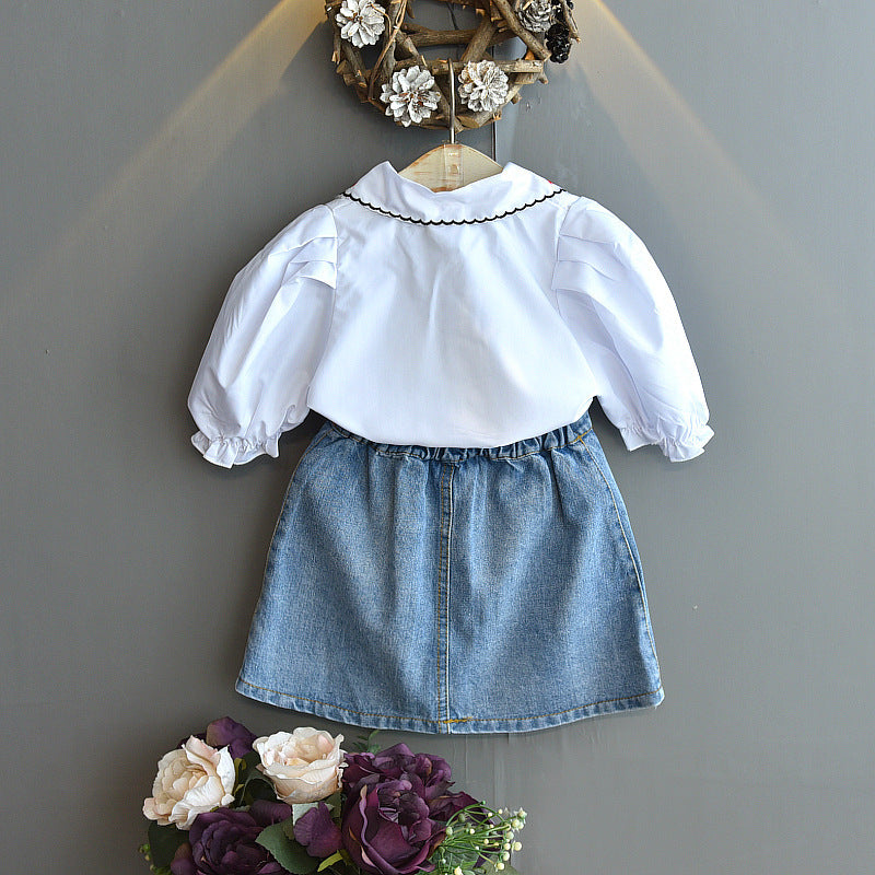 Girls Embroidery Doll Collar Bubble Short Sleeve Shirt Denim Skirt Set