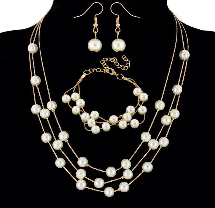 All-match Sweet And Elegant Bride Bridesmaid Mesh Pearl Necklace Bracelet Earring Set 3 Piece Jewelry Wholesale