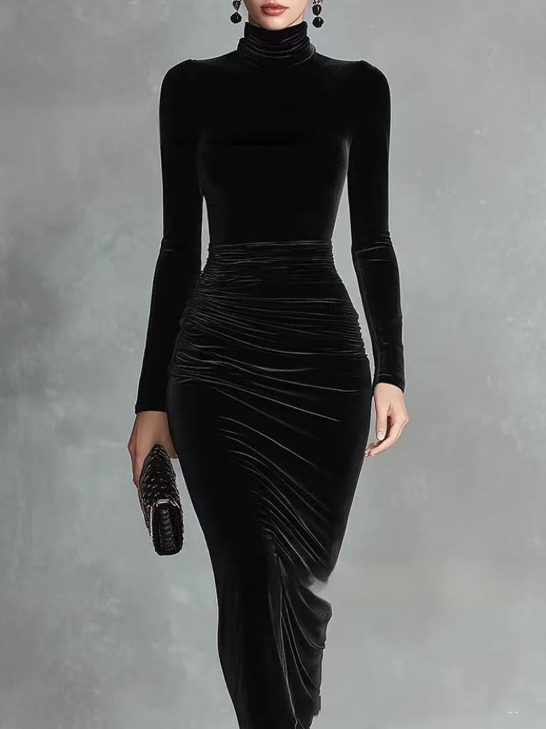 Black Velvet Sexy Half Turtleneck Dress Women