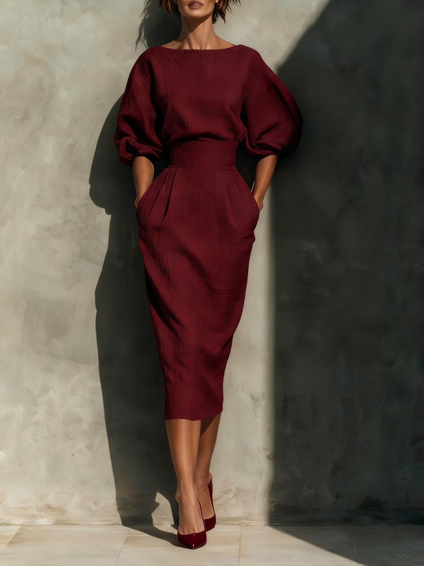 Women's A-line Bubble Sleeve High Waist Gathered Dress