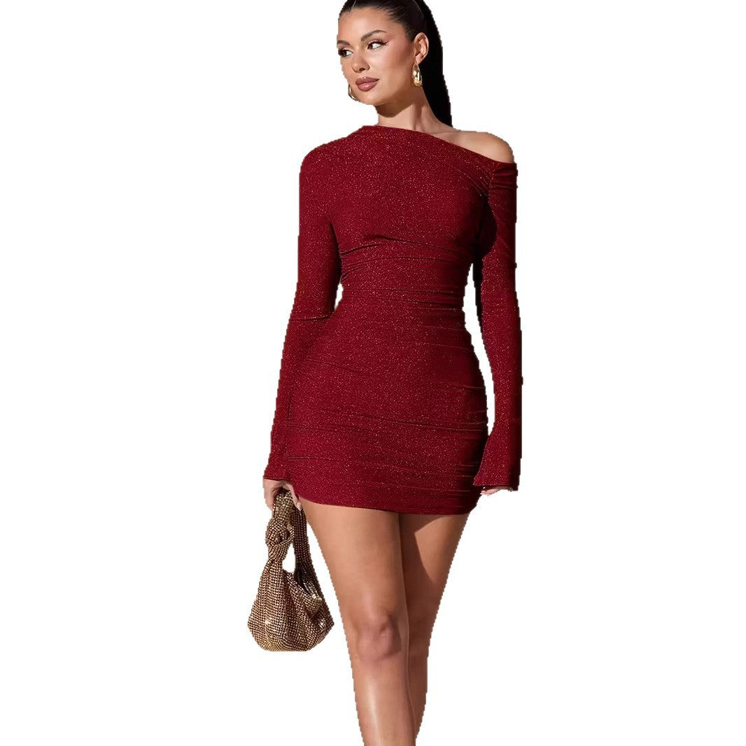 Women's Sexy Oblique Shoulder Party Solid Color Dress