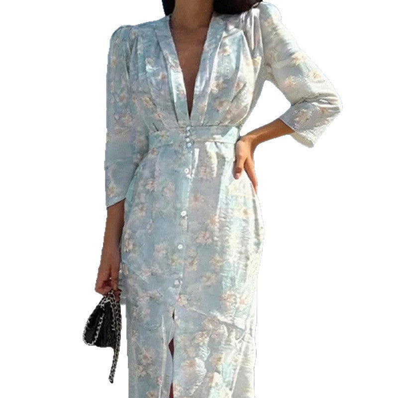 Women's Polyester Deep V-neck Slim-fit Printed Dress