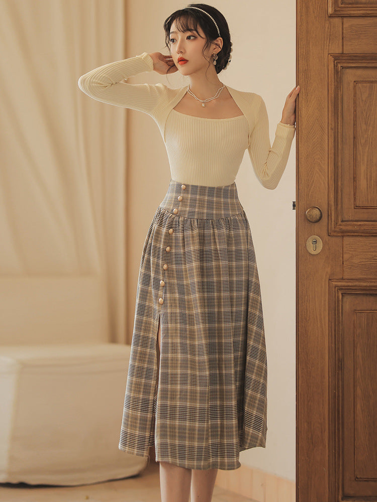 French Light Retro All-match Bottoming Shirt Temperament Plaid Skirt Suit