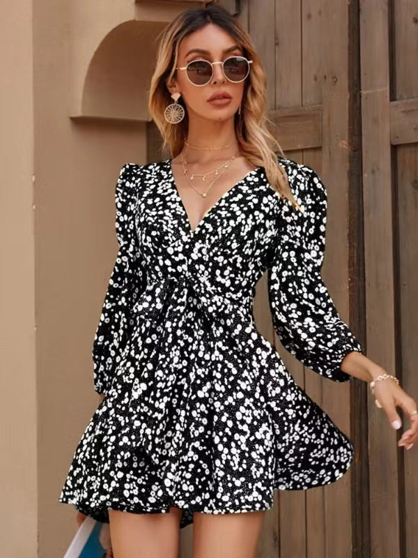 New Floral Tie-waist Puff-sleeve High-waist Flared Dress