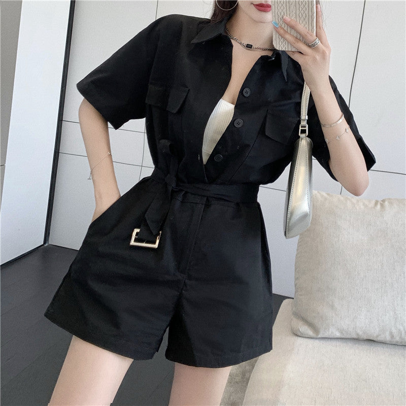 Summer New Style Casual Loose Lapel Tooling Lace-Up Jumpsuit Women Wide-Leg Shorts