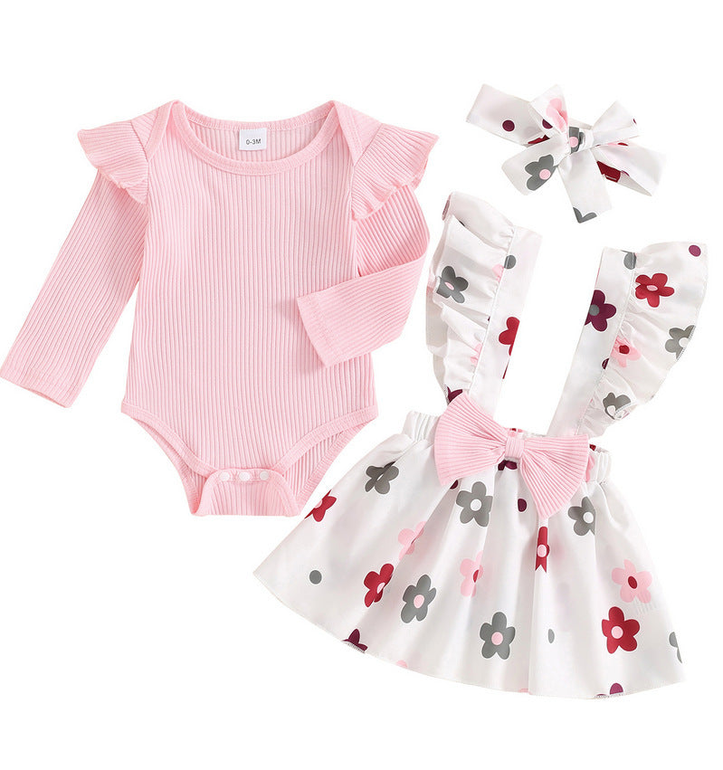 Cross-border Foreign Trade Infant European And American Pastoral Style Simple 3-piece Romper Bow Floral Suspender Skirt