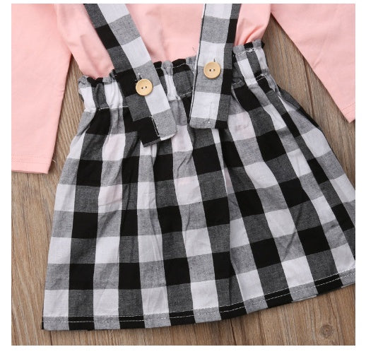 New European And American Foreign Trade Fashion Children's Clothing Long-sleeved Solid Color T-shirt Strap Dress Two-piece