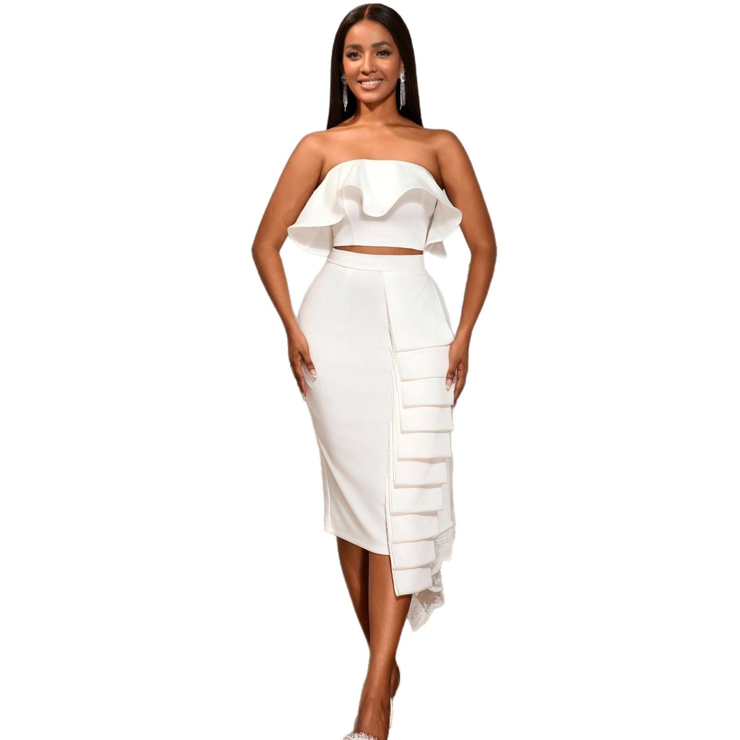 Tube Top White Shirt Asymmetric Hip Skirt Suit