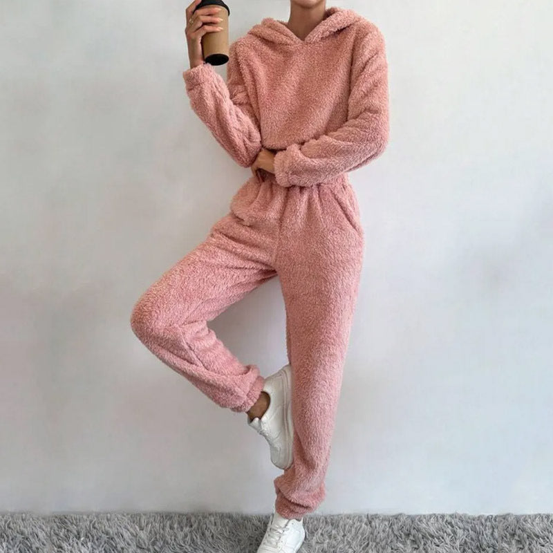 Autumn And Winter Women's Plush Hooded Long Sleeve Casual Suit