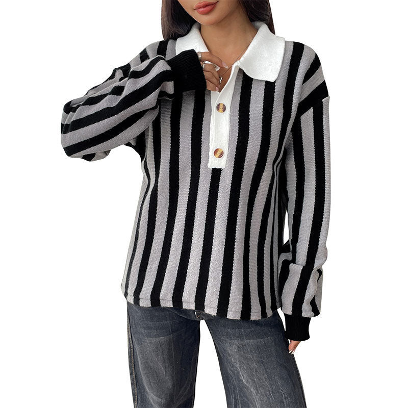 Autumn And Winter Unisex Style Vertical Stripes Lapel Knitted Pullover Sweater Women