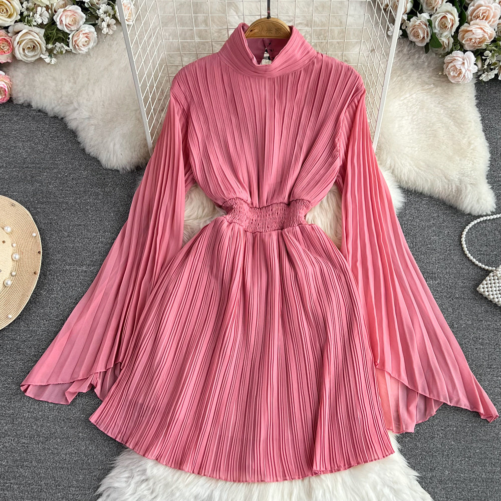 Horn Long Sleeves Stand Collar Waist A-line Chiffon Dress