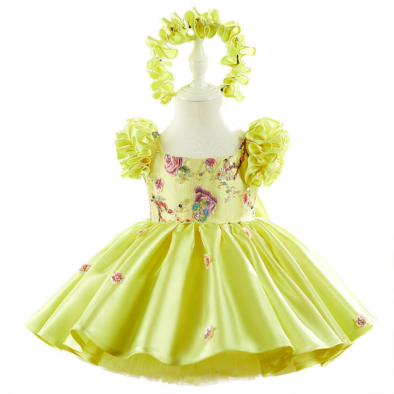 Yellow Flying Sleeves Heavy Industry Umbrella Princess Dress Little Girl's Birthday Dress