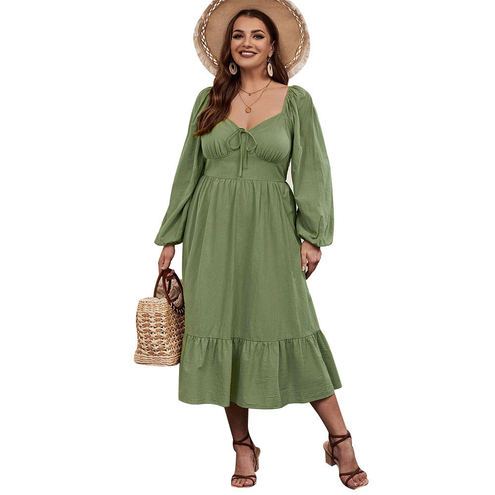 Waist-tight Large Skirt With Chicken Collar Puff Sleeve Pastoral Style Long Sleeve Dress