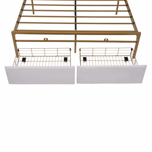 4ft6 Double Bed Frame With 2 Storage Drawers, RGB LED Storage Headboard With Charging Station, Velvet Bed Frame, With Chrome Decoration, No Box Spring Needed, Easy Assembly, Beige