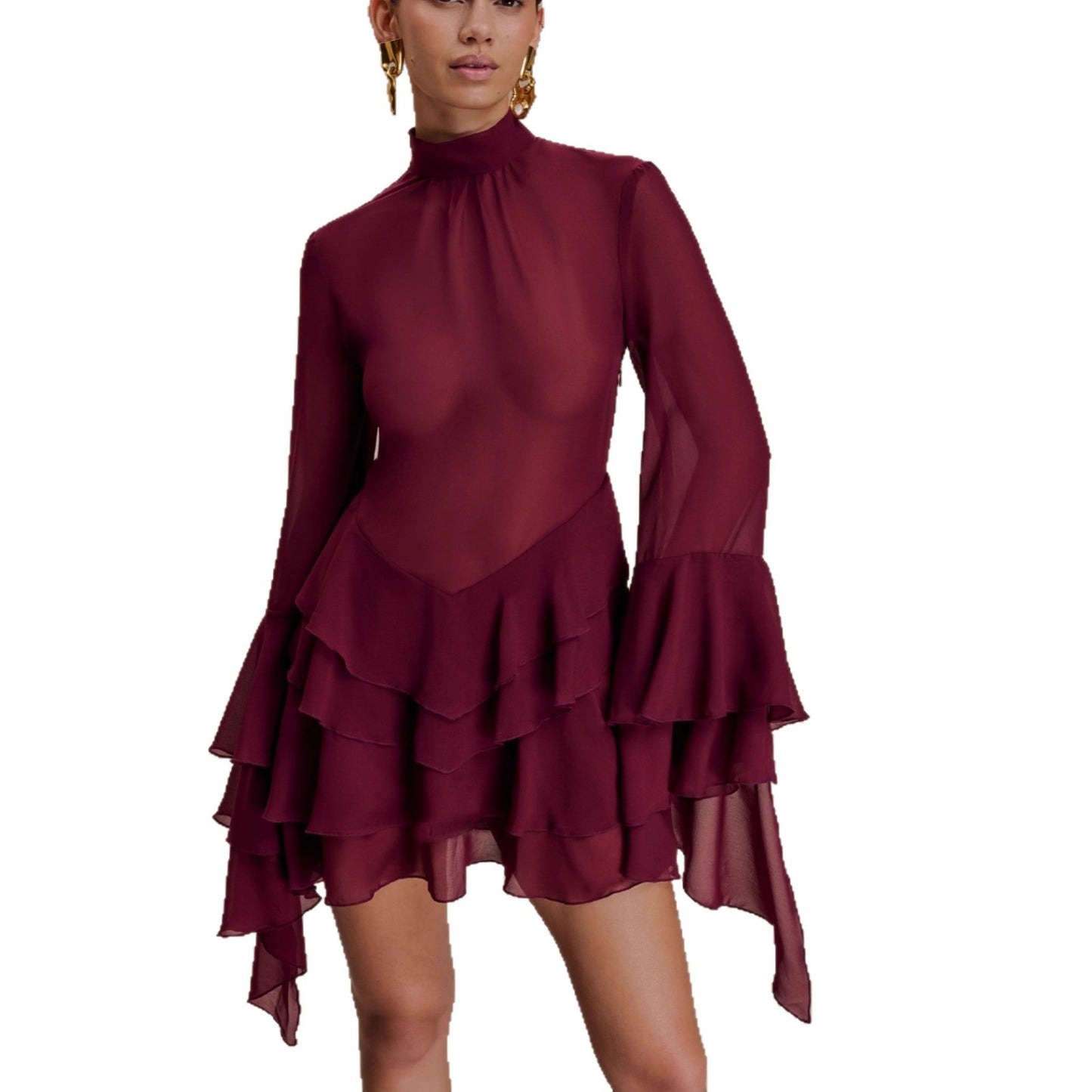 New Elegant Temperament Trumpet Sleeve Sexy Chiffon Dress