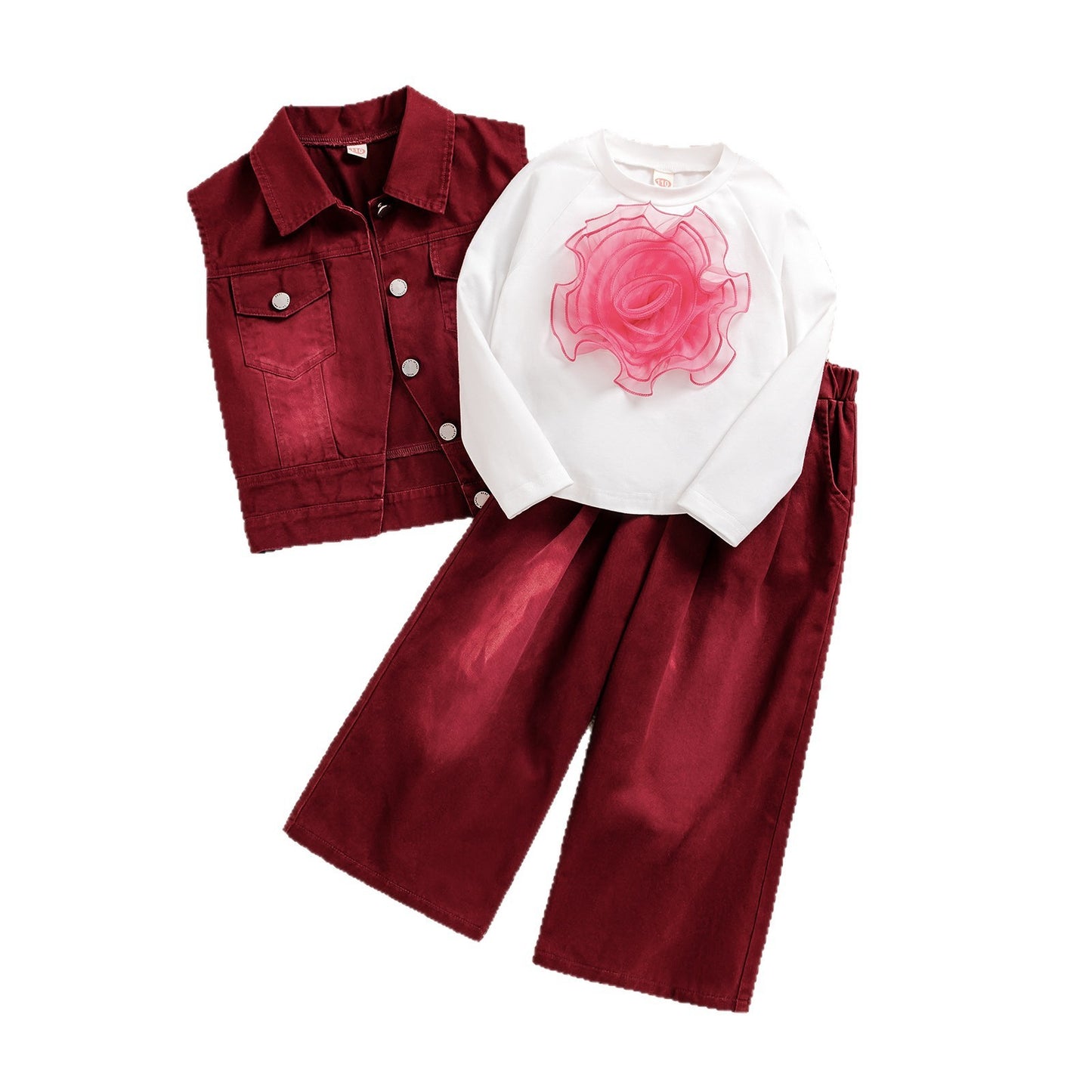 3D Floral Long-sleeved Top With Wide-leg Pants Fashion