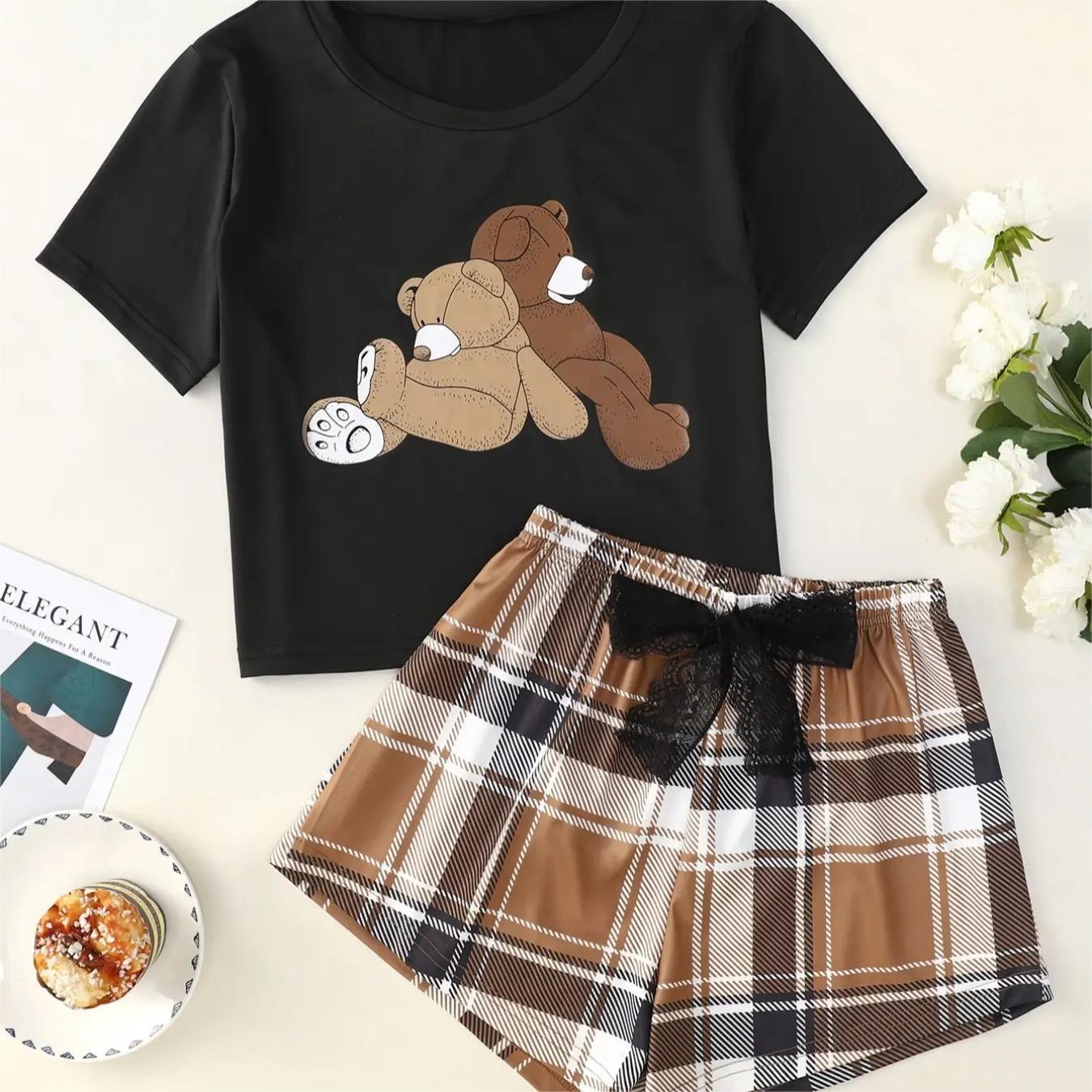 New Bear Printed Short-sleeved Top Lace Bow Printed Checks Shorts Home Wear Suit
