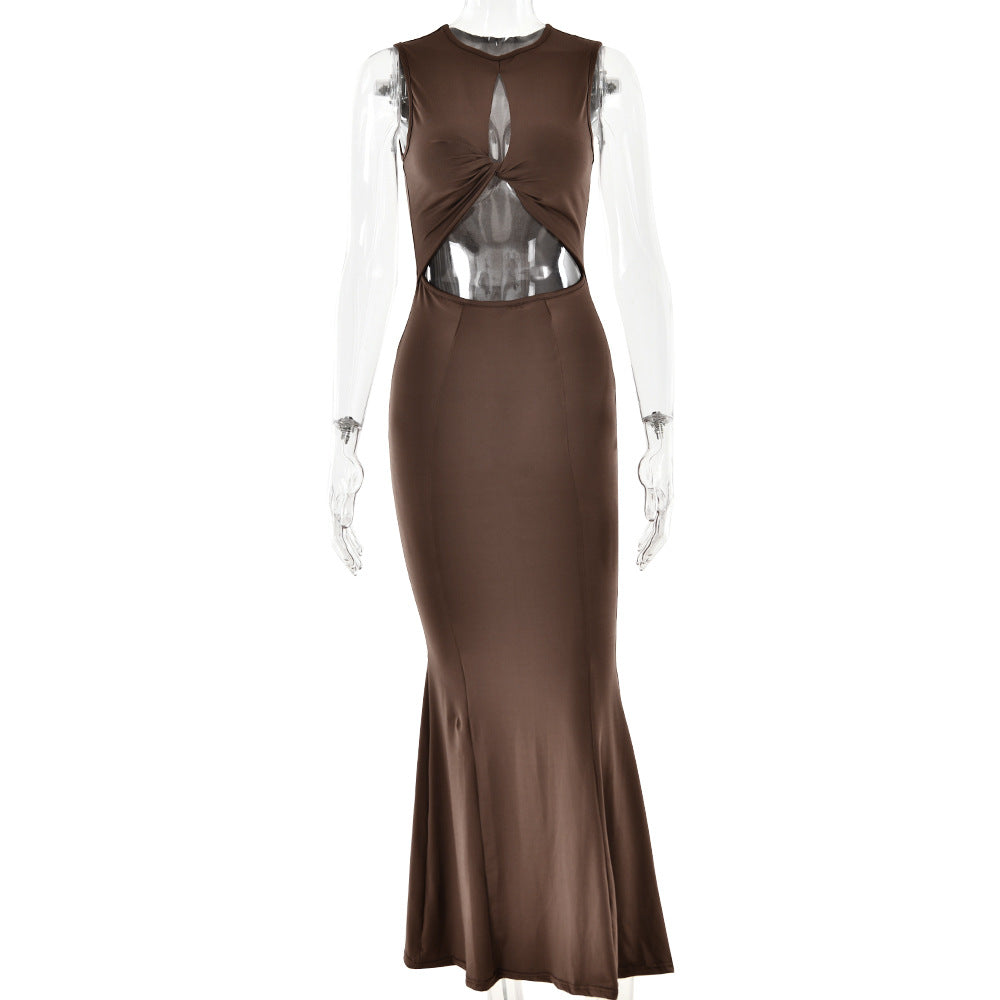 Spring Sexy Hot Girl Round Neck Sleeveless Stitched Backless Sheath Dress