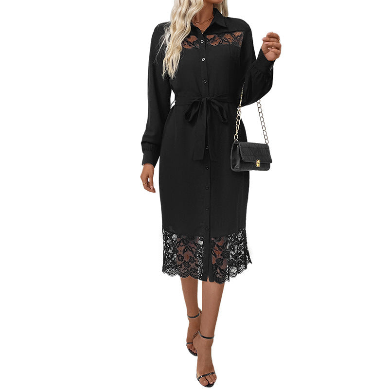 Lace Stitching Shirt Midi Dress Dress