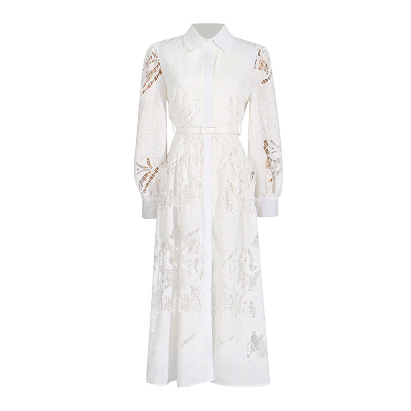 Lapel Long Lantern Sleeve Mid-length With Embroidery Dress