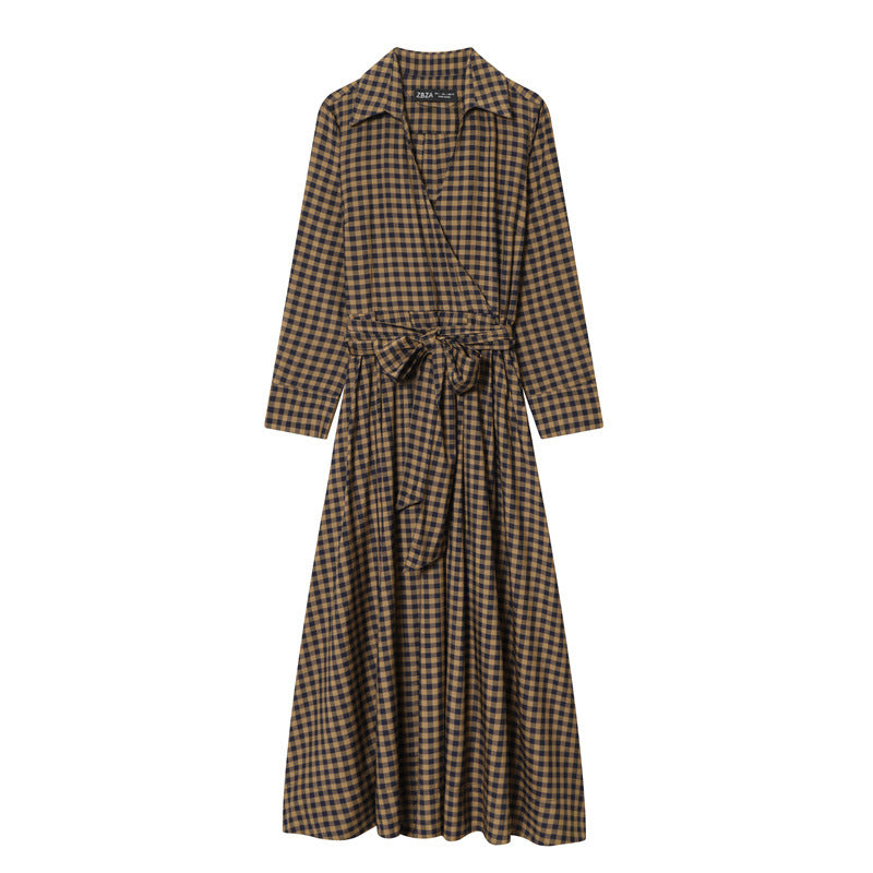 Checkered V-neck Long Sleeve Belted Shirt-style Dress
