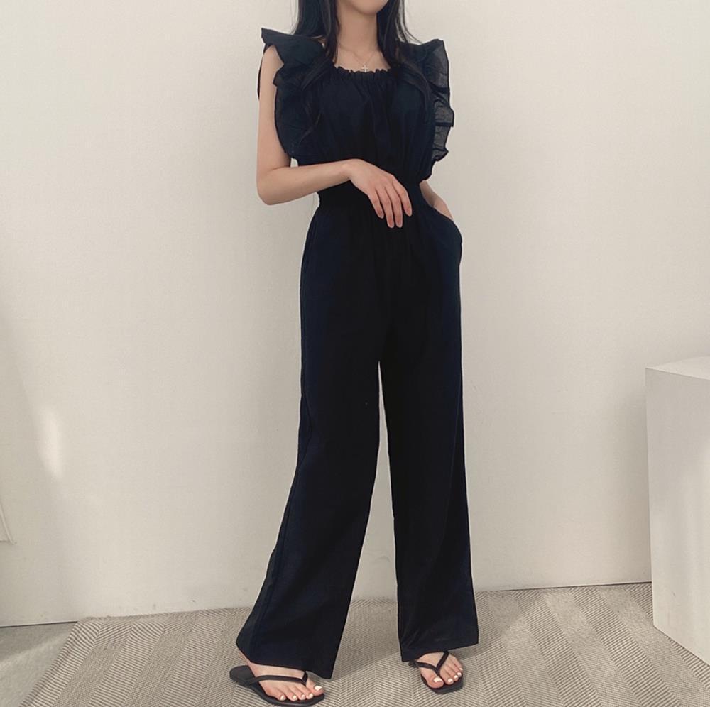 French Retro Square Collar Ruffled Flying Sleeves Elastic And Waisted High Waist Wide Leg Jumpsuit For Women