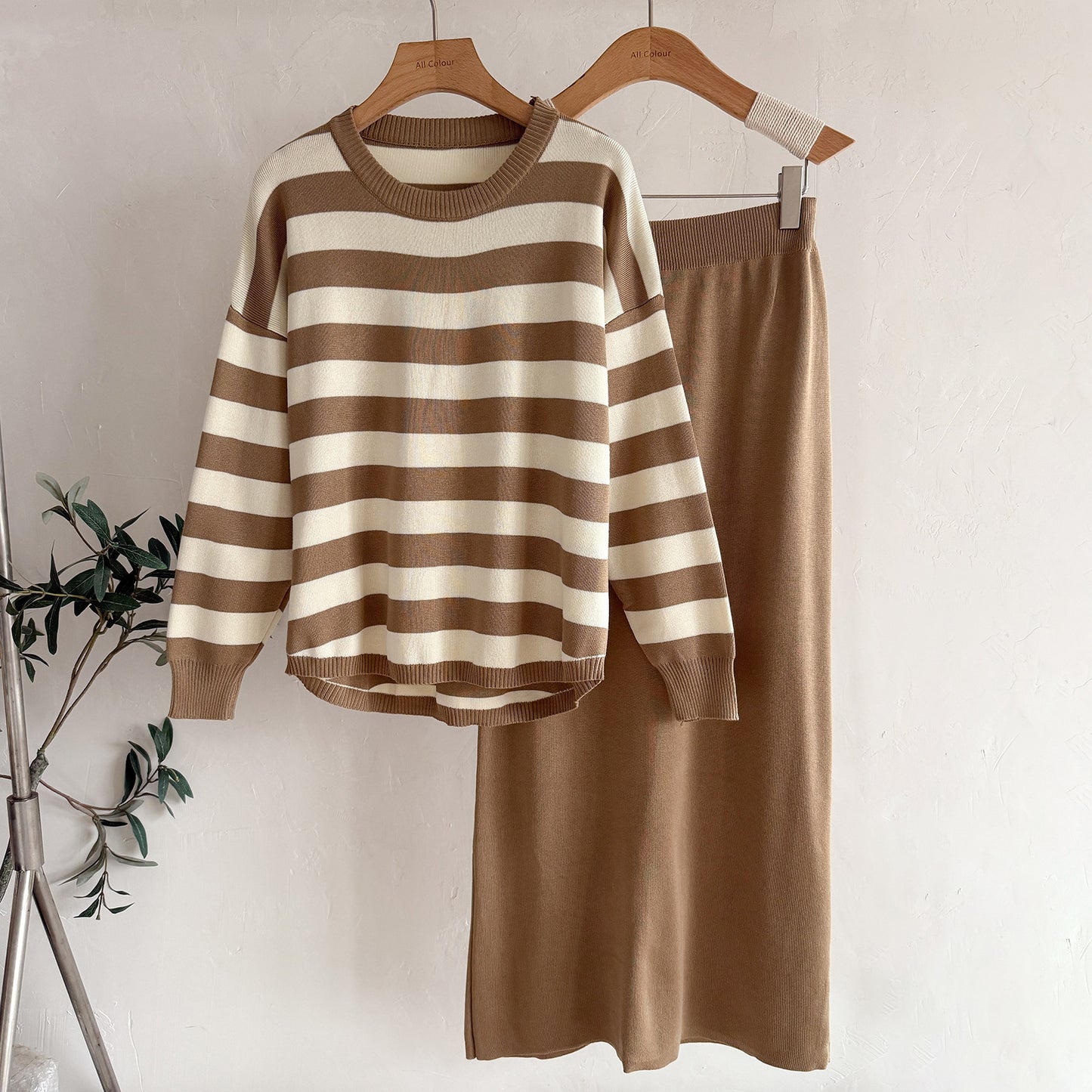 Fashion Long Sleeve T-shirt High Waist Skirt Knitted Two-piece