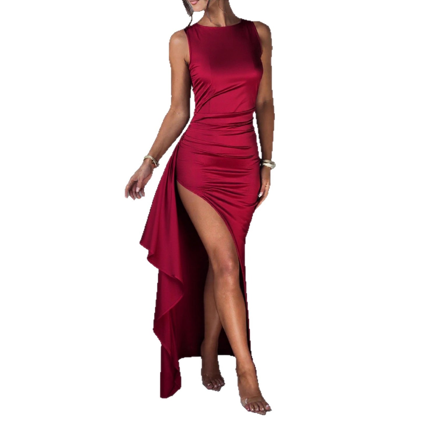 Women's Solid Color Backless Round Neck Sleeveless High Slit Dress