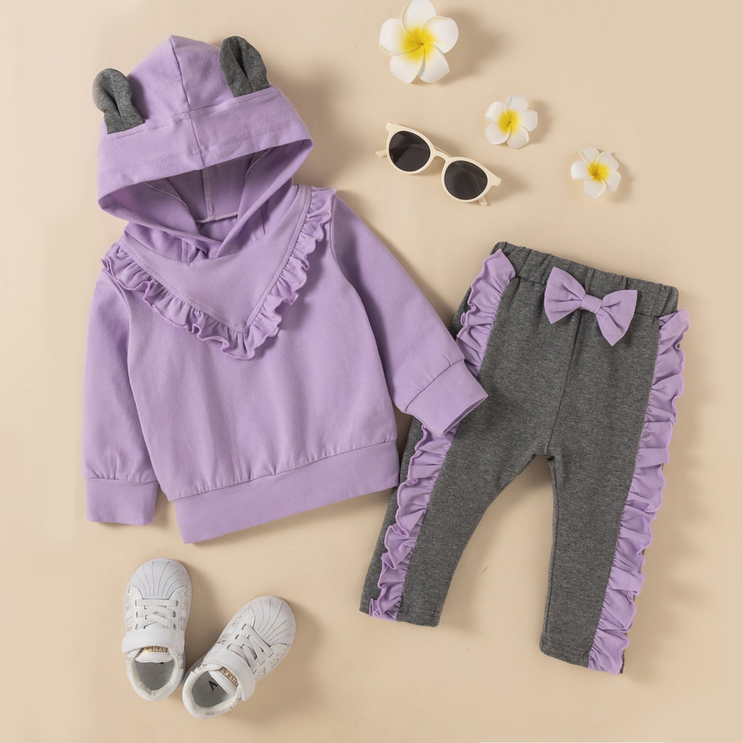 Girls Ruffle Stitching Hooded Sweater Suit