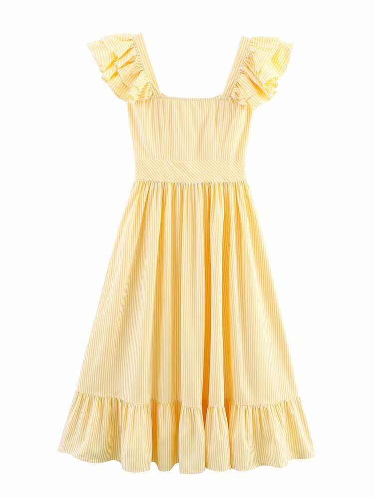 Women's Three-color Single-breasted Striped Ruffled Waist Dress